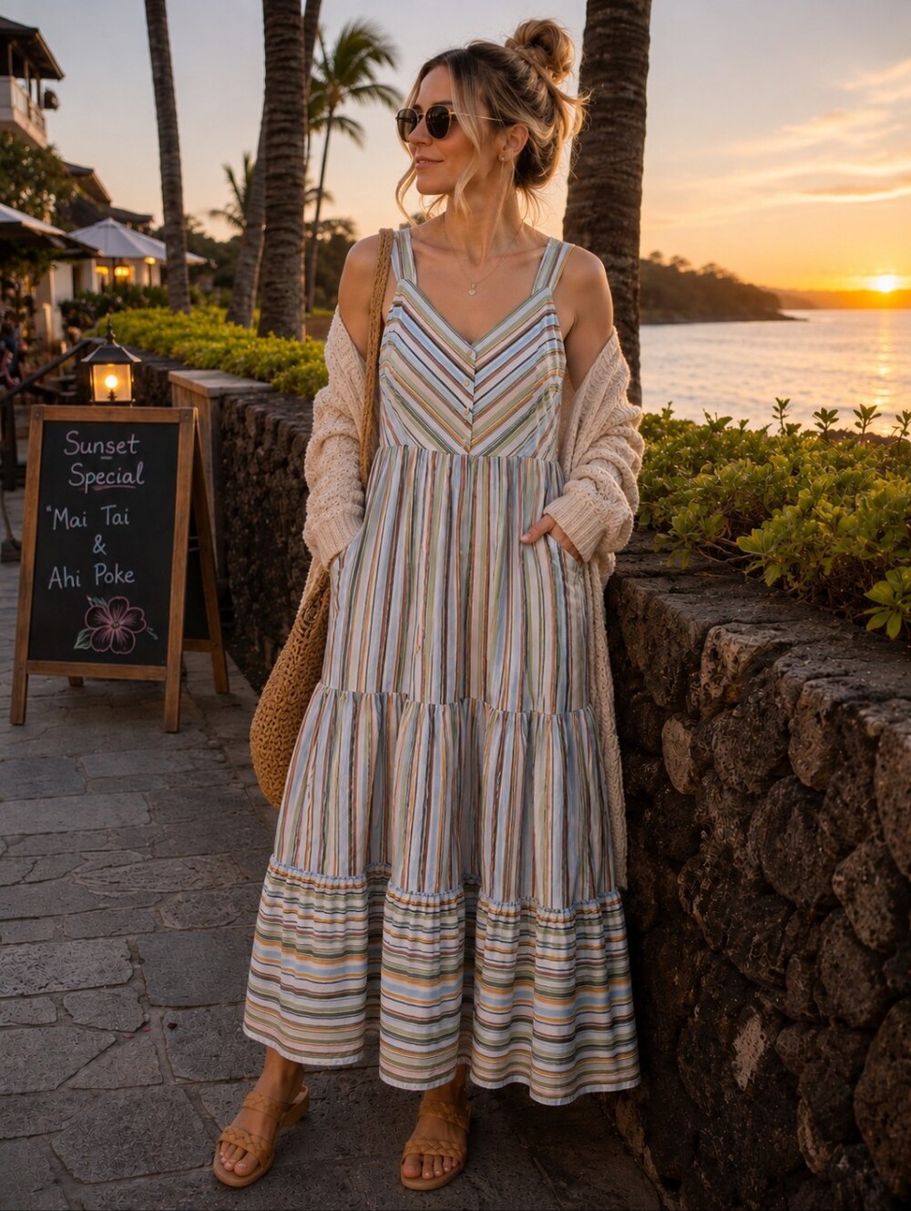 🌴 Lauren Conrad Striped Tiered Cotton Maxi Dress Size M - Picture 1 of 11